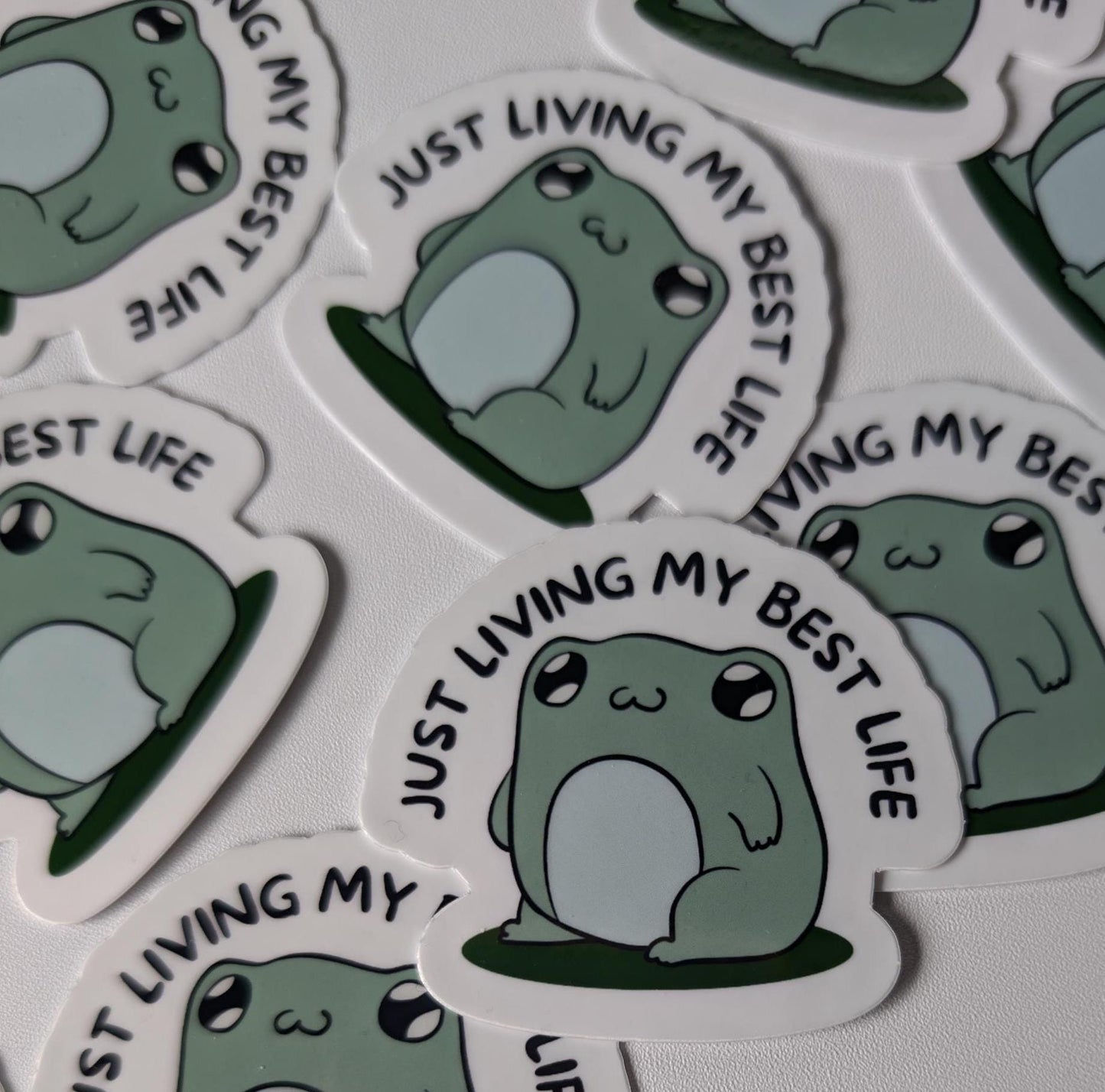 Cute Frog Waterproof Sticker | Little Relaxing Froggy | "Just Living My Best Life" | Laptop Sticker | Water Bottle | Waterproof | Suitcase |