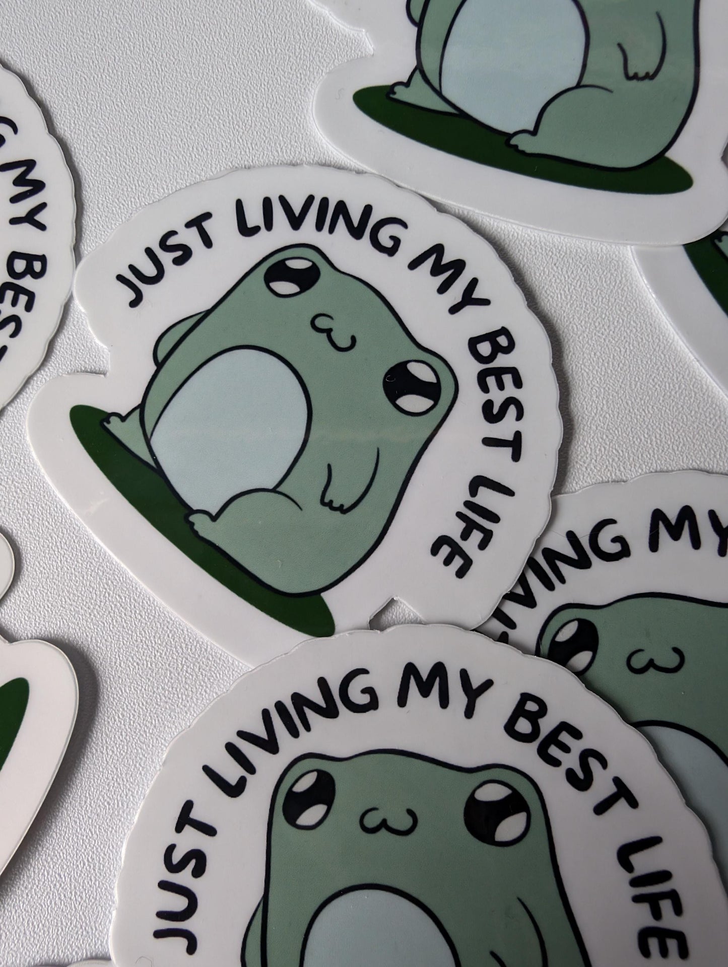 Cute Frog Waterproof Sticker | Little Relaxing Froggy | "Just Living My Best Life" | Laptop Sticker | Water Bottle | Waterproof | Suitcase |