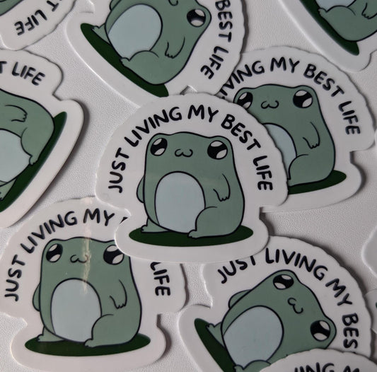 Cute Frog Waterproof Sticker | Little Relaxing Froggy | "Just Living My Best Life" | Laptop Sticker | Water Bottle | Waterproof | Suitcase |