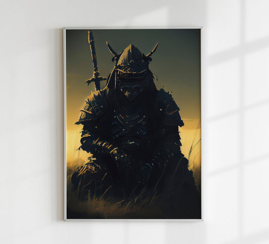 The Kensei's Lonesome Journey: Black and White Poster of a Samurai in a Vast Rice Field - Wall Decor for the Modern Home