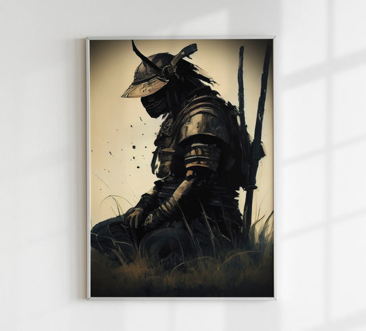 The Kensei's Lament: A Beautiful and Poignant Black Ink Poster Featuring a Samurai Kneeling in a Vast Rice Field